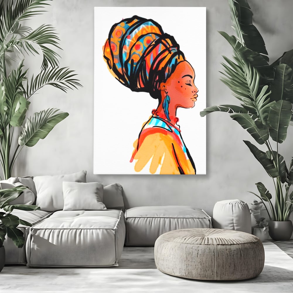 Tablou canvas cu ilustratie digitala cu profil de femeie, fara rama, pe sasiu de lemn, pe perete intr-un living